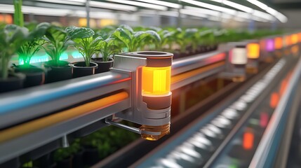 Close-up of advanced agricultural technology featuring sensors in a greenhouse, emphasizing vibrant plant life under LED growth lights