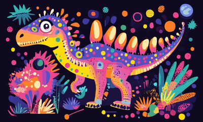 Colorful abstract illustration of a whimsical dinosaur with various decorative elements and patterns, including dots, lines, and shapes in vibrant colors