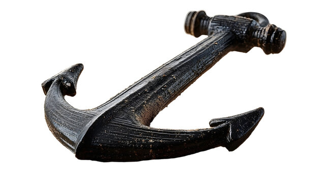 Black metal boat anchor lying on sand with transparent background