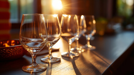 Wine glasses backlit on a tasting table, sun rays through window, shallow depth of field