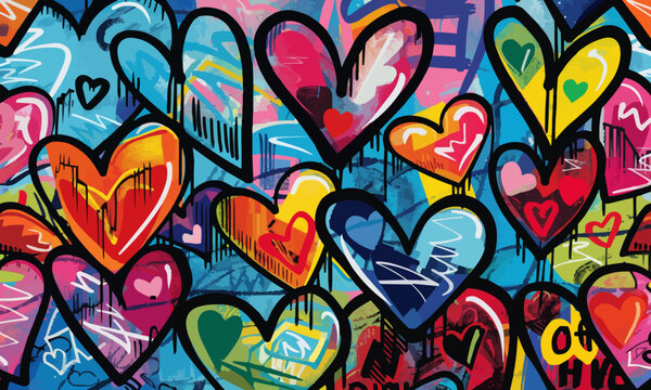 Fototapeta colorful hearts in graffiti style for Valentine's Day, Valentine's Day postcard vector illustration