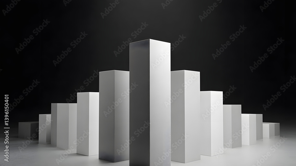 Poster 3d bar graph with ascending blocks in grayscale, symbolizing business growth and financial progress
