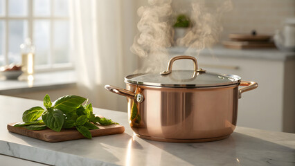 Cooking pot simmering with basil leaves on kitchen counter for healthy food preparation at home today