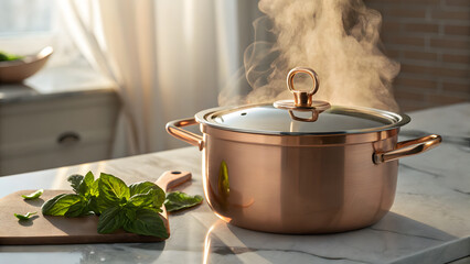 Cooking pot with steam basil leaves on wooden board kitchenware cooking healthy food fresh ingredients