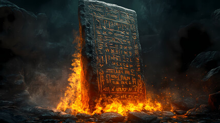 Ancient stone tablet with inscriptions rests on fiery pedestal, 3d render of mystical artifact. Eternal Rune. Illustration