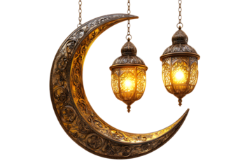 Ornate crescent moon and lanterns hanging against dark background on transparent background
