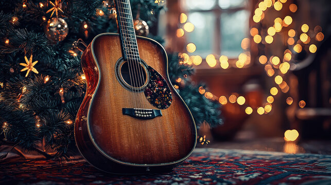 A sunburst acoustic guitar rests against a beautifully decorated Christmas tree with warm fairy lights creating a cozy festive atmosphere perfect for holiday music. - Powered by Adobe