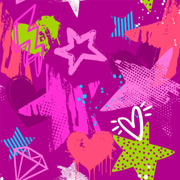 Abstract seamless chaotic pattern with urban geometric elements, stars and hearts. Grunge neon texture background. Wallpaper for teens