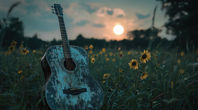 A weathered acoustic guitar rests serenely in a field of sunflowers at sunset creating a tranquil and peaceful country scene perfect for music album art or website background.