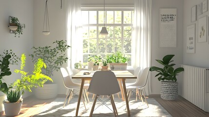 Bright dining room with table chairs plants and natural light coming through window.