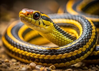 Obraz premium Miniature Yellow-Striped Snake, Black Body Reptile, Close-Up, Tilt-Shift Photography