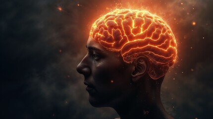 Obraz premium Dark Surreal Portrait with Glowing Brain – Fiery Neural Networks and Sci-Fi Energy