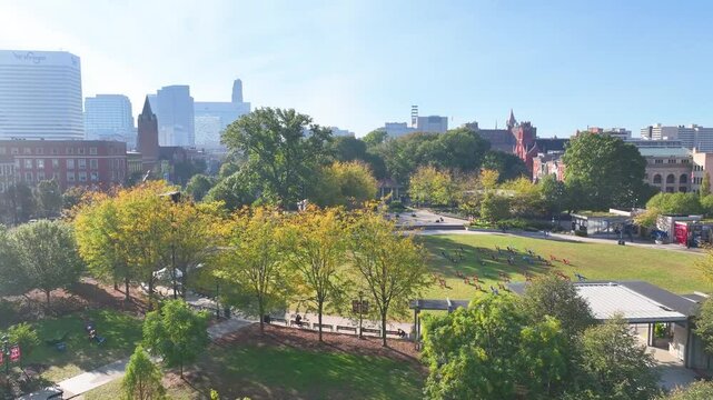 Aerial of Cincinnati Skyline and Washington Park in Early Autumn