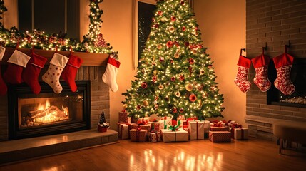 Fototapeta premium Cozy living room a decorated Christmas tree A beautifully decorated Christmas tree with twinkling lights stockings by the fireplace and wrapped gifts underneath