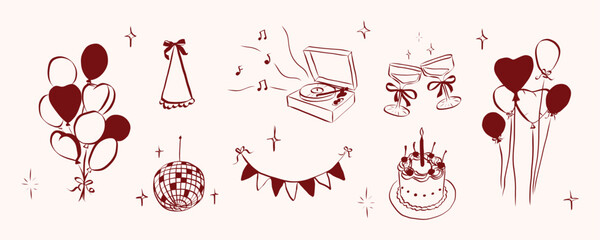 Birthday party set in whimsical style. Outline coquette symbols for girls bachelorette. Trendy art for invitation and banner for holidays. Doodle vector illustration