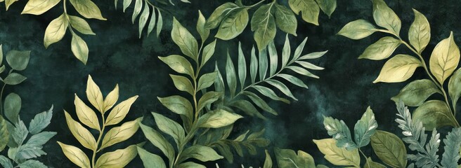 Green Leaves Watercolor Painting on Dark Background for Botanical Designs