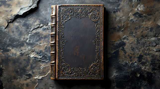 Antique leather bound book with ornate cover on stone background evokes history and literature. Bound Grimoire. Illustration
