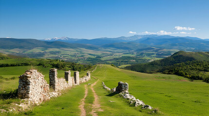 Panoramic View Of Valley With Ruins And Mountains