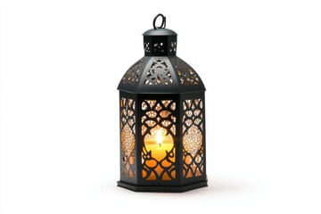 Illuminating Lantern with Candle Glowing Inside on White Background Studio Shot