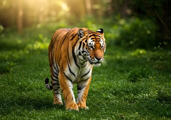 Obraz premium Majestic Tiger Walking Through Lush Green Grass in a Sunny Forest, Wildlife Photography.
