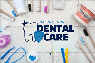 Frame made of set for oral hygiene and jaw model on tile background