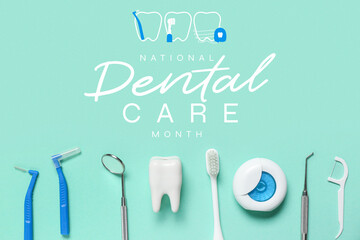 Tooth model with dental tools on turquoise background