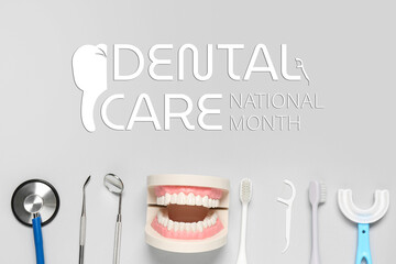 Jaw model with dental tools on grey background