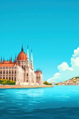 Obraz premium Hungarian parliament building illustrated with intricate gothic architecture and river view