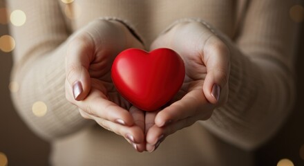 Obraz premium Red heart symbol displayed by hands against a blurred background 