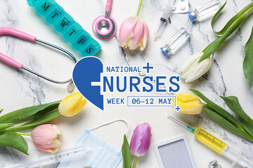 Frame made of stethoscope, syringes, ampules and tulip flowers for International Nurses Day on marble background