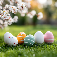 Fototapeta premium Colorful Easter eggs arranged on green grass with blooming flowers in the background spring celebration concept