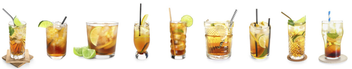 Set of tasty Long Island iced tea on white background