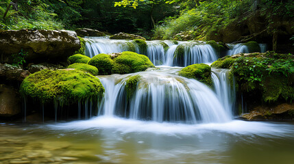 Emerald water cascades down mossy rocks, lush jungle surrounds , water, secluded, foliage. Obscured Cascades. Illustration