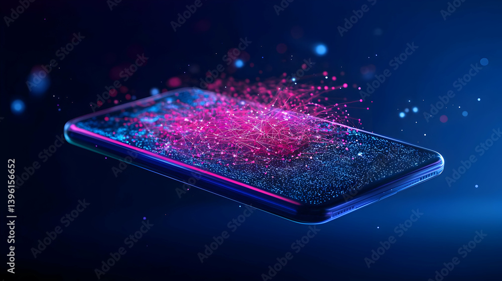 Poster abstract smartphone with glowing data particles