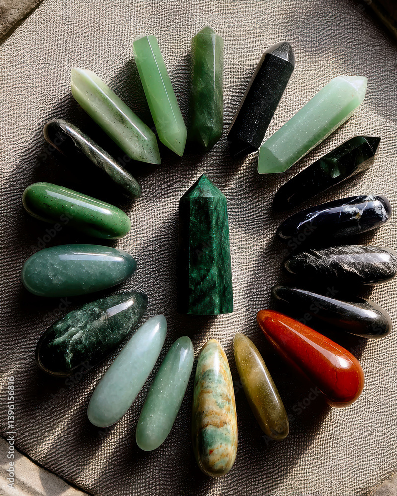 Poster Symmetrically arranged small jade pieces on light concrete create a serene artistic display