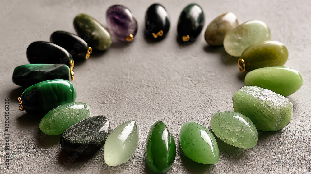 Poster assorted small jade pieces artfully arranged on a textured surface