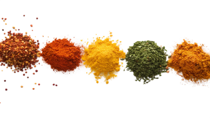 Five Colorful Spice Piles - Culinary Ingredients Arranged in a Row