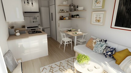 Fototapeta premium Bright interior view showing a small kitchen dining area and living space.
