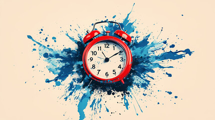 Timeless burst: a vibrant red alarm clock encapsulated by dynamic blue splashes. Stygian Tides. Illustration