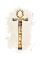 Illustration of Egyptian ankh symbol adorned with hieroglyphs against a papyrus inspired background