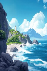 Irish coastal cliffside with lighthouse standing strong against ocean waves under bright sky