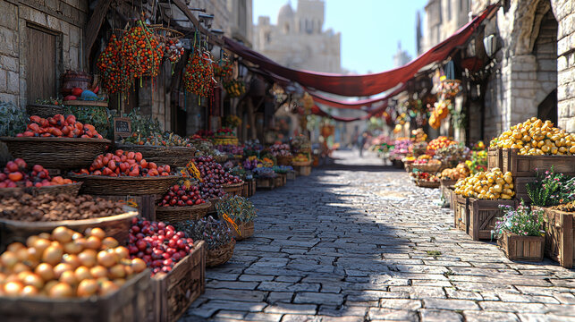 A vibrant medieval marketplace bustling with colorful fruits vegetables and spices displayed in wooden crates and baskets lines a cobblestone street under a red awning.