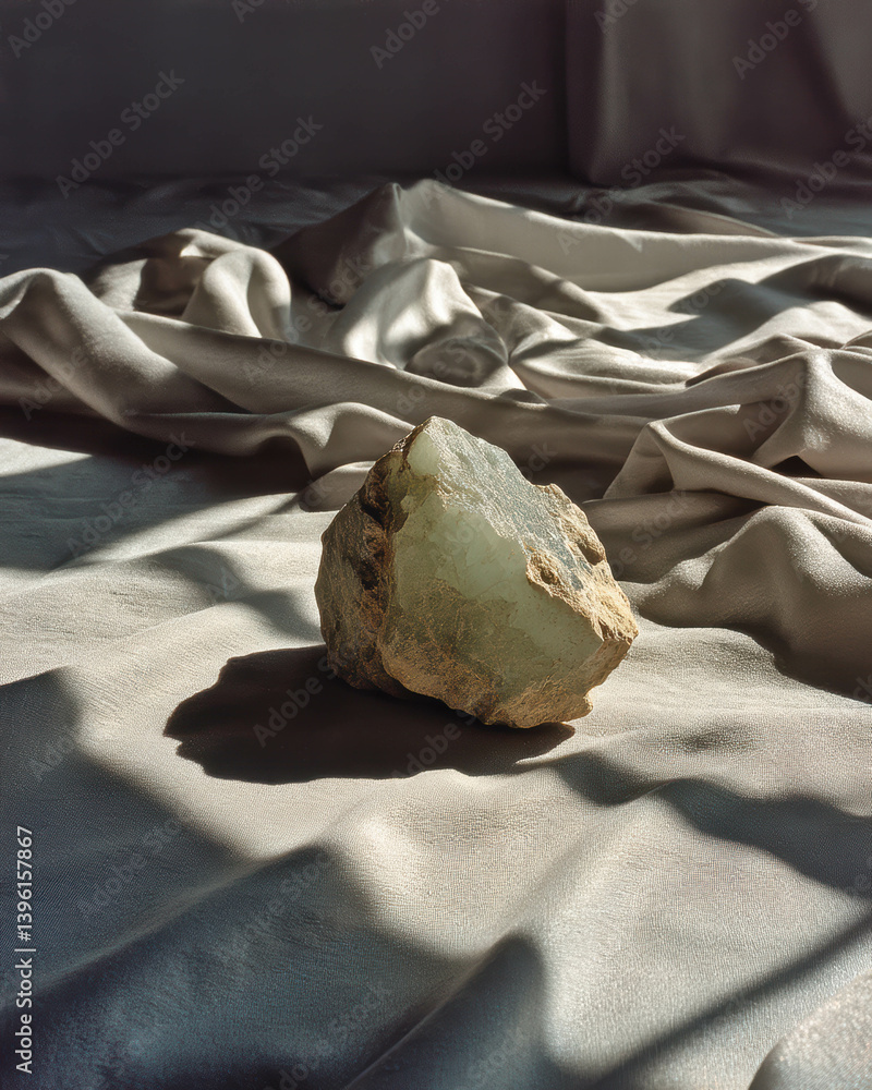 Poster exploring the elegance of jade resting on white silk in a serene and minimalistic arrangement