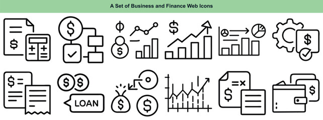 Clean and modern  vector set of business and finance web icons. Includes symbols for banking, investment, budgeting, analytics, and digital payments. Perfect for websites, apps, dashboards