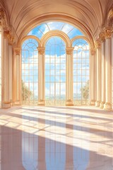 Ornate Baroque palace interior with grand windows and elaborate sculptures against a soft background