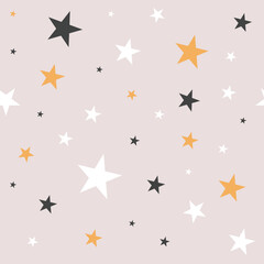 Simple seamless pattern with yellow, black, and white stars on soft background. Minimalistic and modern design for wallpapers, fabrics, and festive decoration.