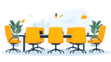 Modern Office Meeting Space with Vibrant Orange Chairs and Green Plants