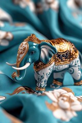 Ornate Indian elephant figurine with gold detailing on a textile backdrop