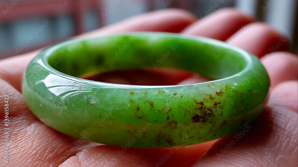 Poster hand displaying a colorful jade bangle bracelet with intricate details in natural light