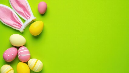 Decorative vertical Easter eggs with various patterns and bunny ears arranged on vibrant green background